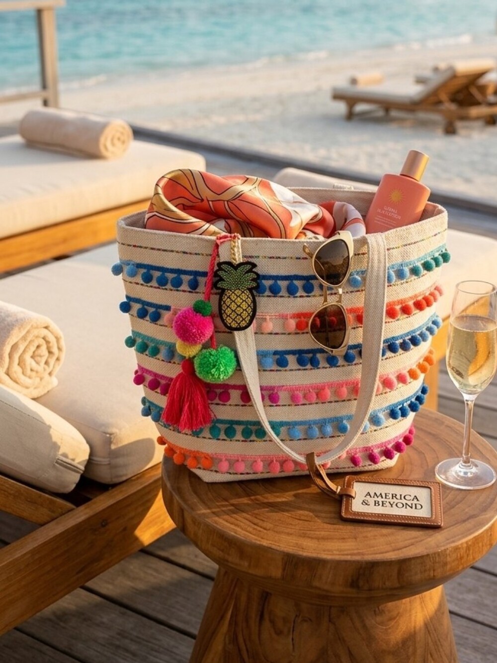 AMERICA & BEYOND bright Colourful Multicolor Pom Pom Tote Bag Beach Vacation